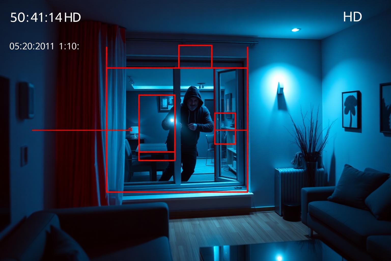 Image de caméra de surveillance montrant un individu encapuchonné entrant par la fenêtre d'un appartement, avec marquages de détection de mouvement
