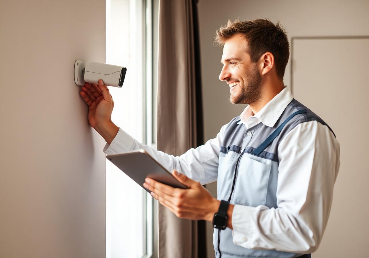 Technicien installant une petite caméra intérieure blanche dans un appartement moderne